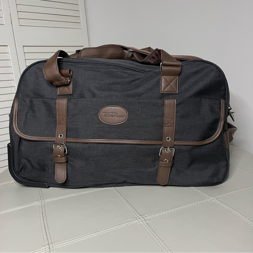 Black and Brown Duffel Bag with Leather Accents